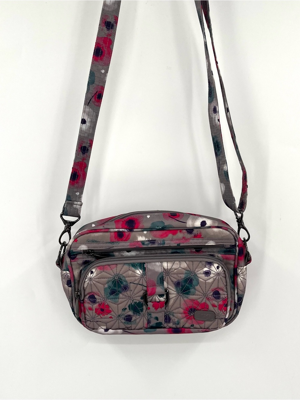 LUG Carousel Crossbody Bag Purse Travel Grey Floral Abstract Pockets AdjustStrap